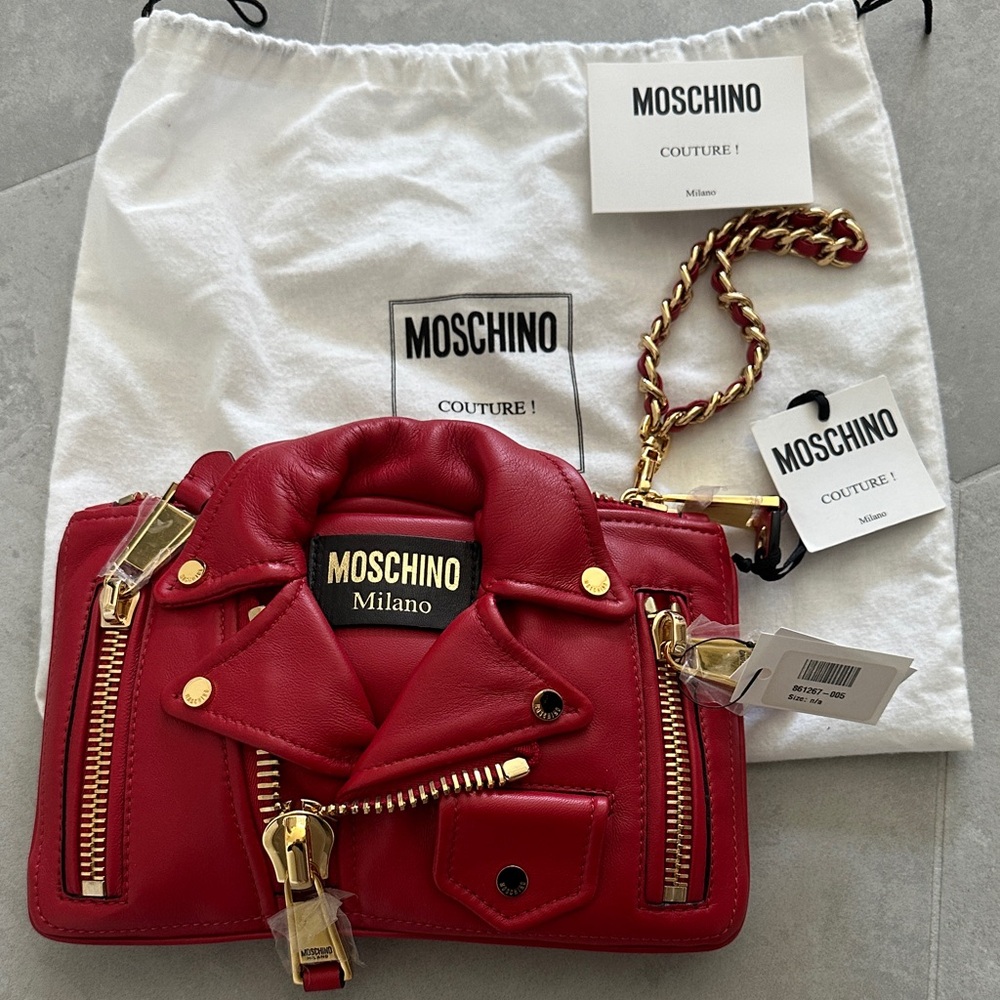 Moschino Red Leather Biker Jacket Clutch with Gold Chain